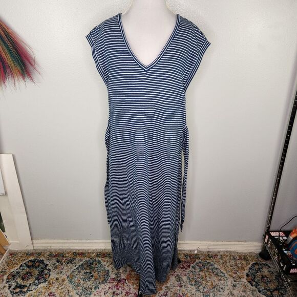 LOFT Blue & White Stripe Cap Sleeve Tie Waist Split Side Maxi Dress Size XL - Picture 6 of 14